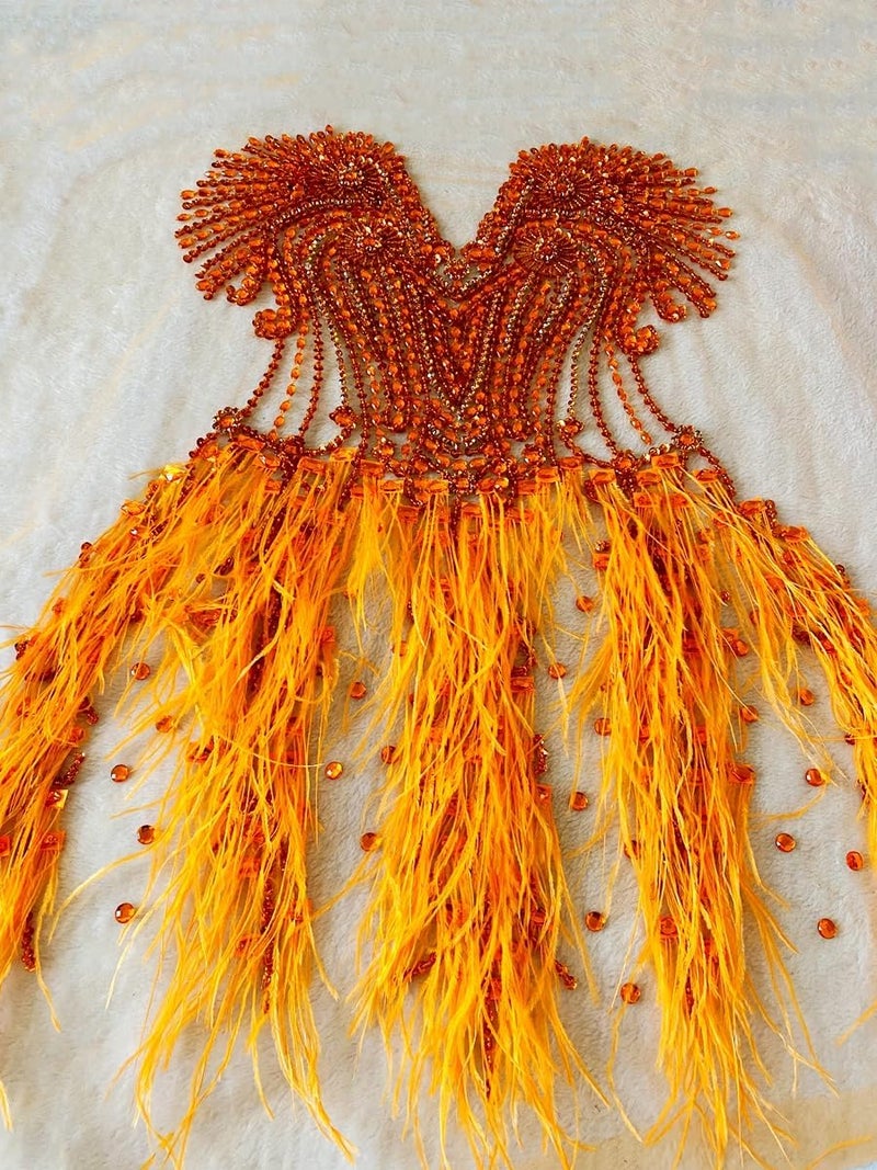 Zbroh Beautiful Ostrich fur decoration large full bodice applique pure handsewing rhinestones beads lace trim patches - Image 2
